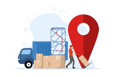 Ulaşım lojistiği, Depo çalışanları kamyonlardan mal indiriyor. Minibüsle hızlı teslimat. Paketleri olan bir araba ve mobil uygulamalı akıllı telefon. düz vektör illüstrasyonu.
