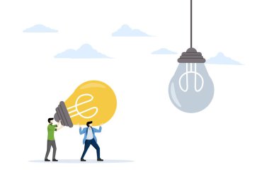 Yaratıcı beyin fırtınası, fikir değiştirme, takım çalışması. Farklı düşünceleri birleştir ve yeni çözümler düşün. Takım çalışması büyük ampulü ya da büyük fikri kaldırmaya yardımcı olur. düz vektör illüstrasyonu.