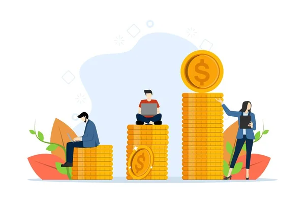 Kariyer gelişimi kavramı başarıya. İnsanlar madeni paraların yanında oturup duruyorlar. Yatırım yönetimi, iş analizi. Web sayfası, web sitesi ve mobil için düz vektör illüstrasyonu.