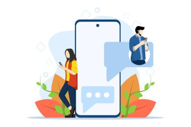Sohbet konsepti, sanal randevu ve ilişki uygulamasını göster. Chat balonu, arkadaşlarla sohbet ve yeni mesaj göndermek, İniş sayfası için mükemmel, UI, web, uygulama giriş kartı, Düz Vektör İllüstrasyonu.