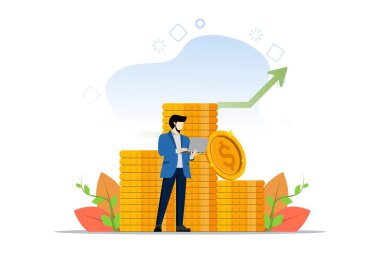İş, finans ve yatırım konsepti. Para yığını üzerinde duran ve dizüstü bilgisayarla çalışan iş adamı ya da mali danışman. Para büyümesi. İnternet bankacılığı ve gelir kavramı. Vektör illüstrasyonu.