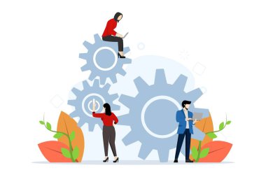 İş mekanizması konsepti. Akran bağlantısı mekanizması. Strateji analizi, iletişim, iş terfisi, takım çalışması. Vitesli soyut bir arkaplan. Beyaz arkaplanda düz vektör çizimi.