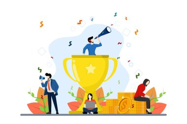 Takım başarısı konsepti. Başarılı bir iş ve takım çalışması. Başarılı takım işbirliğinin, işbirliğinin ve ortaklığın sembolü. Takım lideri ve meslektaşları zaferi kutluyor. Düz vektör illüstrasyonu.