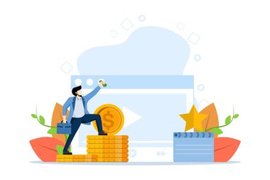 Blog para kazanma kavramı, internet üzerinden para kazanma, çevrimiçi gelir. Erkekler video sunuculuğundan para kazanıyor. Başarılı blogcular video bloglarını paraya çeviriyor. Tasarım için düz şekilli vektör illüstrasyonu.