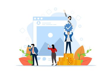 Blog para kazanma konsepti, online para kazanma, SMM takımı. Pazarlama ekibi sosyal medyada para kazanıyor. Blogcular blogları paraya çeviriyor ve paylaşıyorlar. Beyaz arkaplanda vektör illüstrasyonu.