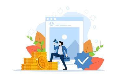 Blog para kazanma kavramı, internet üzerinden para kazanma, çevrimiçi gelir. Erkekler sosyal medyada para kazanıyor. Blogcular blogları paraya çeviriyor ve paylaşıyorlar. Beyaz arkaplanda düz vektör çizimi.