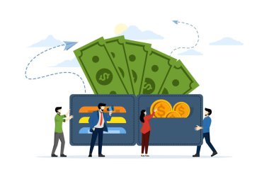 Çevrimiçi ödeme kavramı, bozuk paralı cüzdan, dolar banknotlu cüzdan, elektronik ödeme veya nakitsiz, dijital cüzdanda depolama, beyaz arka planda düz vektör çizimi.