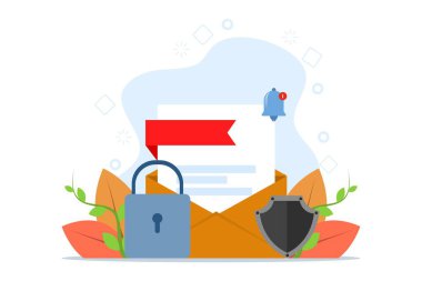 Data protection concept. Email protected by lock, key and shield. business risk protection. Can be used for landing page, user interface, web, mobile app, poster, banner. Vector illustration.