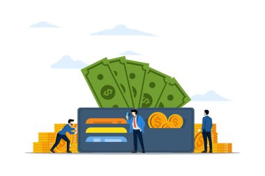 Çevrimiçi ödeme kavramı, bozuk paralı cüzdan, dolar banknotlu cüzdan, elektronik ödeme veya nakitsiz, dijital cüzdanda depolama, beyaz arka planda düz vektör çizimi.