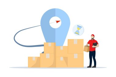 Kurye paket listesini kontrol ediyor. Mektup göndermek için bir kutu. Depo çalışanı ya da postacı. Kutulu teslimatçı. Elinde kutu olan bir kurye. Beyaz arkaplanda vektör düz çizgi film çizimi.