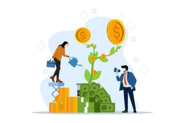 Gelir kavramı, insanlar ağaçtan para kazanıyor. İnsanlar para bitkilerini suluyor. Finansal büyüme, banka mevduat geliri, zenginlik. Para yatırımı. Beyaz arkaplanda düz vektör illüstrasyonu.