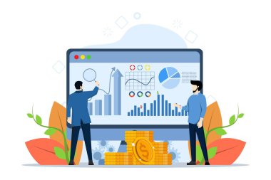 Minik insanlarla finansal veri yönetimi, analitik ve veri bilimi kavramı. Risk yönetimi soyut vektör çizimi. Makine öğrenme, mecazi gösterge paneli.