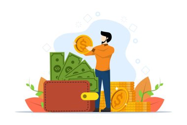 Para tasarrufu konsepti, UI bankacılık ve düz tasarımda finansal illüstrasyon. Banka hesabı, domuz kumbarası, banka ve cüzdan seçimi. İnsanlar banka hizmetleriyle tasarruf ediyor. Banka vektörü. düz vektör illüstrasyonu.