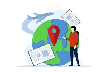 Küçük insanlarla eğitimsel seyahat kavramı. İç ve mesleki eğitim, profesyonel öğrenme soyut vektör illüstrasyon seti. İş koçu, öğrenci grubu, yurtdışı metaforu..