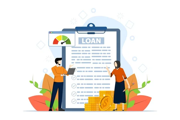 Kredietuitbetalingsconcept Kredietwaardigheid Uitstel Van Betaling Met Kleine Mensen Bankdienst Risicobeoordeling — Stockvector