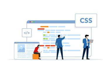 Web Geliştirme kavramı, karakterler web siteleri ve uygulamalar, ilgili web tasarımı, web sitesi arayüzleri, kodlama ve programlama, arkaplanda düz vektör çizimi tasarlıyor ve geliştiriyor.