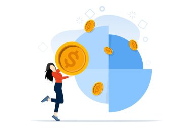 Para tutan bir iş kadını. Vergi mükellefleri, vergi yükü, vergilendirme, web afişleri için vektör illüstrasyonu, bilgi grafikleri, cep telefonu. Mali politika, bütçe planlaması. arkaplanda düz vektör illüstrasyonu.