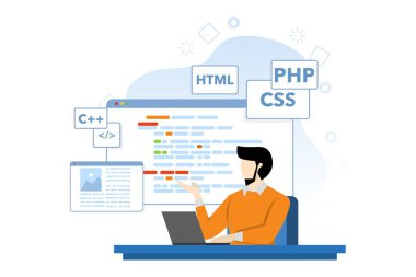Web Geliştirme kavramı, karakterler web siteleri ve uygulamalar, ilgili web tasarımı, web sitesi arayüzleri, kodlama ve programlama, arkaplanda düz vektör çizimi tasarlıyor ve geliştiriyor.