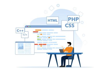 Web Geliştirme kavramı, karakterler web siteleri ve uygulamalar, ilgili web tasarımı, web sitesi arayüzleri, kodlama ve programlama, arkaplanda düz vektör çizimi tasarlıyor ve geliştiriyor.