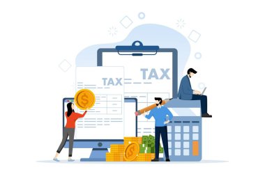 Çevrimiçi Vergi Ödeme Vektörü İllüstrasyon Konsepti, vergi formunu dolduran kişi, vergiyi internet sitesi üzerinden gönderen kişi, web iniş sayfası için elverişli, ui, mobil uygulama, el ilanı, afiş, vb..