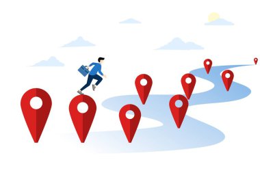 planlama adımları veya ilerleme konsepti, yol haritası, proje kilometre taşları veya iş seyahati başarıları, iş akışı veya başarı zaman çizelgesi, iş adamı iş yeri haritasında lobutlar üzerinde yürüyor.