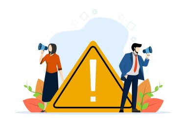 concept of important announcement, attention or warning information, latest news or urgent message communication, alert and be careful, business people announce in megaphone with exclamation mark. clipart