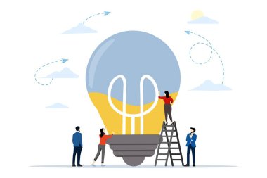 İş konsepti vektör çizimi, beyin fırtınası, ampul soyutlaması şeklinde doldurulmuş fikir, iş için fikir üretmek ya da çözüm üretmek için takım çalışmasının çizimi. düz vektör illüstrasyonu.