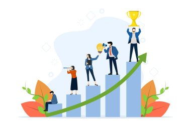 Geliştirme için iş geliştirme planı konsepti, gelir, büyüme ve başarının artırılmasına yardımcı olmak için takım çalışması, ticari başarı için takım stratejisi, bar grafiğini artırmak için çalışan iş adamları ekibi.