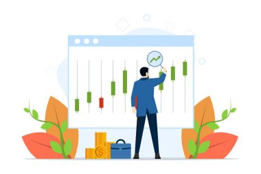 Yatırım konsepti, finansal çözüm, pasif gelir, yatırım stratejisi, şanslı spekülasyonlar. Adam başarılı bir şekilde yatırım yapıyor. Web pankartı için düz dizayn ile Vektör illüstrasyonunun dönüşü, iniş sayfası.