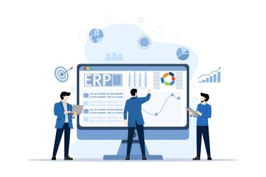 ERP girişim kaynak planlaması konsepti, şirket verimliliği ve gelişimi. Web sitesi için resim, iniş sayfası, mobil uygulama, poster ve afiş. Beyaz arkaplanda düz vektör illüstrasyonu.