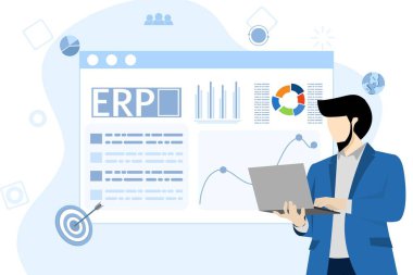 ERP girişim kaynak planlaması konsepti, şirket verimliliği ve gelişimi. Web sitesi için resim, iniş sayfası, mobil uygulama, poster ve afiş. Beyaz arkaplanda düz vektör illüstrasyonu.