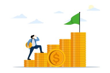 Borsaya yatırım yapma kavramı, finansal hedeflere ulaşmak için tasarruf yapmaya başlamak, bileşik faizin gücü, servetin birikmesi, madeni para taşıyan adamlar para yığınlarının üzerine basmaya başlar..