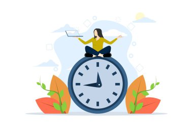 Esnek çalışma saatleri, iş hayatı dengesi ya da odaklanma kavramı ve evden çalışırken zaman yönetimi, yoga ya da meditasyon yaparken dizüstü bilgisayarda çalışan genç bir kadın. resimleme.