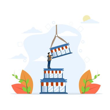 Şirket kurma, şirket imparatorluğunu genişletme veya büyütme, organizasyonel büyüme veya hırs ve satışları artırma çabaları konsepti, hırslı girişimci bir yığın şirketin üstüne dükkan inşa ediyor.