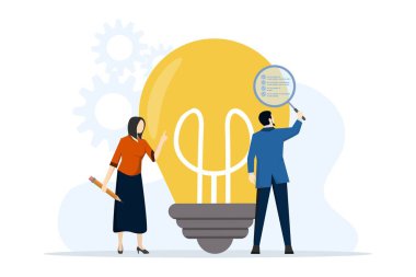 İş fizibilite kontrolü, karlı iş fikrini değerlendirmek, başarı olasılığını görmek için piyasa araştırmalarıyla fizibilite çalışması, ampul fikrini analiz eden büyüteç camlı iş adamı.