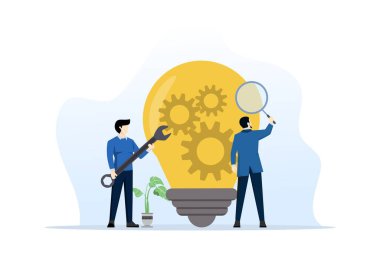 Ürün geliştirme, araştırma ve optimizasyon yeni ürün başlatma süreci, yönetim veya üretkenlik, vitesli büyüteç fikri ve vitesli iş adamı.