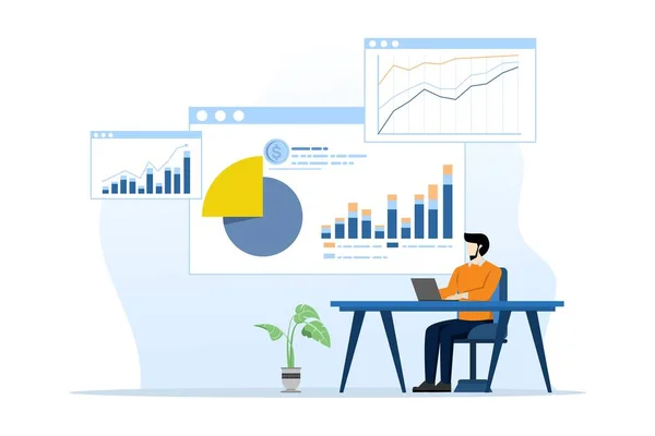 Veri analizi konsepti, çalışan işadamı analitik verileri rapor ediyor ve finansal yatırım grafiklerini izliyor, online teknoloji ile iş pazarlama planlama akıllıca çalışıyor. vektör illüstrasyonu.