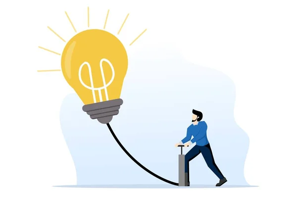 stock vector concept of business improvement and growth. businessman inflating a light bulb sign balloon. Business strategy, idea, investment, wealth, management, marketing flat vector illustration. illustration.