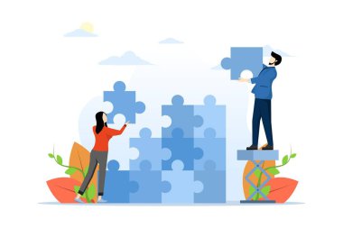 İş dünyasındaki takım çalışması kavramı. Takım metaforu sorunları çözer. Yapboz elementlerini birbirine bağlayan insanlar. Takım çalışması sembolü, işbirliği, ortaklık vektörü. arkaplanda düz vektör illüstrasyonu.