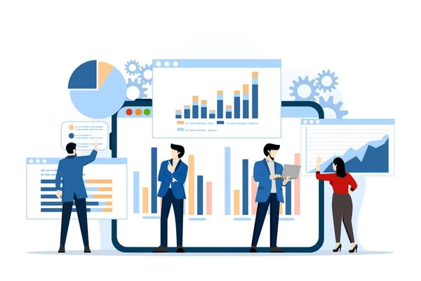 stock vector business data analysis research concept and Data Scientist team meeting. with business people working together on report graph dashboard monitor. and finance investment planning concept.