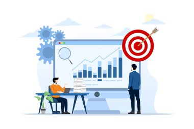 İş ekibi analizi ve izleme konsepti web rapor paneli monitöründe. veri analizi araştırma düz vektör illüstrasyon tasarımı iş finansal planlama konsepti, düz vektör illüstrasyonu.