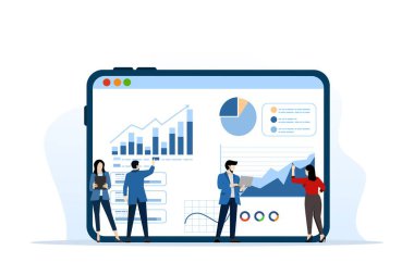 İş ekibi analizi ve izleme konsepti web rapor paneli monitöründe. veri analizi araştırma düz vektör illüstrasyon tasarımı iş finansal planlama konsepti, düz vektör illüstrasyonu.