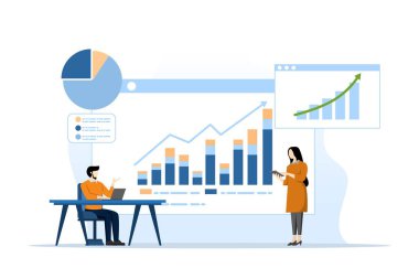 İş ekibi analizi ve izleme konsepti web rapor paneli monitöründe. veri analizi araştırma düz vektör illüstrasyon tasarımı iş finansal planlama konsepti, düz vektör illüstrasyonu.