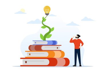 Knowledge, wisdom to create new ideas, creativity or innovation from reading books, education or learning new skills for success, library, smart young man with pile of books with light bulb plant. clipart