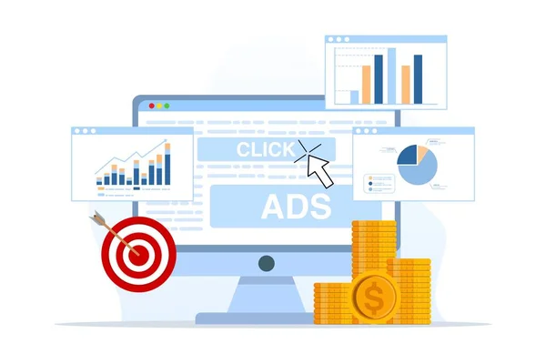 Web siteleri için tıklama başına ödeme kavramı. İnternetteki reklamlar, reklamlara tıklamak, ödeme sistemlerine tıklamak. Web sitesi için resim, iniş sayfası, mobil uygulama, poster ve afiş. vektör illüstrasyonu.