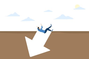 Yüksek riskli yatırım konsepti, finansal zorluklar, iş veya hisse değer kaybı, yenilgi ve başarısızlık, ekonomik kriz, kayıp strateji, ok şeklinde bir deliğe düşen adam.