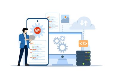 Çevrimiçi dişli motor kodlama servisi API uygulama programlama arayüzü kavramı. Yazılım geliştirme araçları, bilgi teknolojisi, modern teknoloji, internet ve ağ kavramı.