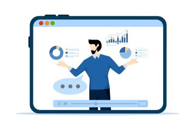 Açıklayıcı video dersleri veya çevrimiçi eğitim kursları, çevrimiçi iş stratejisini açıklayan uzmanlık, eğitim filmleri veya videolar, video arayüzünde iş pastası grafiğini açıklayan girişimci uzman.