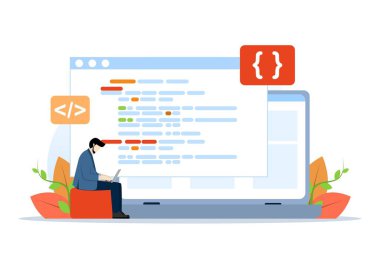 Web tasarımı ve mobil uygulama konseptinin yanı sıra uzaktan çalışma kodlaması, geliştirme ve çevrimiçi eğitim ve öğrenme teknolojisi. Beyaz arkaplanda düz vektör illüstrasyonu.