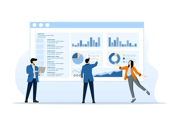 Kontrol paneli konsepti. Günlük istatistik tablosu olan gösterge tablosu, internet ağı teknolojisiyle ev ofisinde çalışan düz vektör iş adamları..